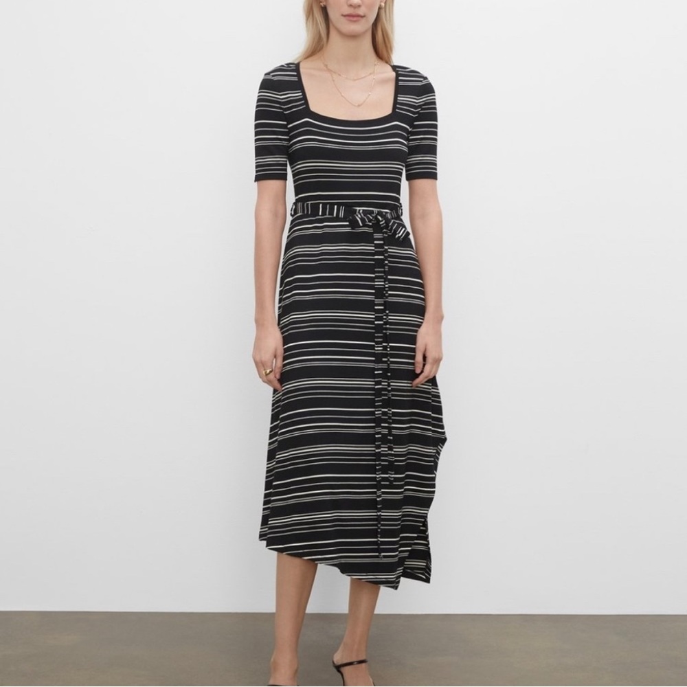 Club Monaco square-neck asymmetrical hem dress in black and white stripe (M)